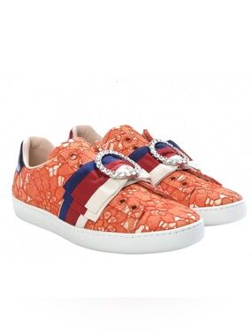 NWOT Gucci Orange Lace Slip-On Sneakers with Ribbon Accent
